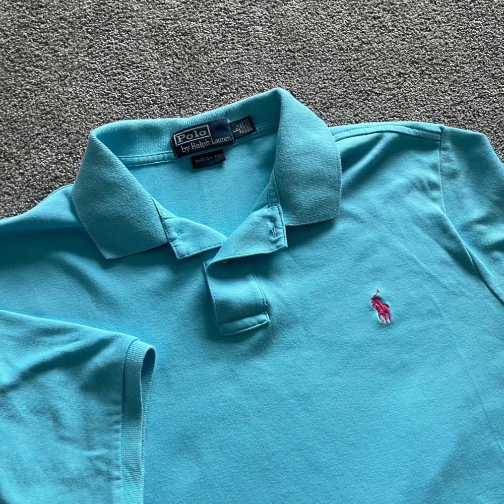 Mens Polo Ralph Lauren Polo Shirt L Blue Excellent Custom Fit Pink Pony